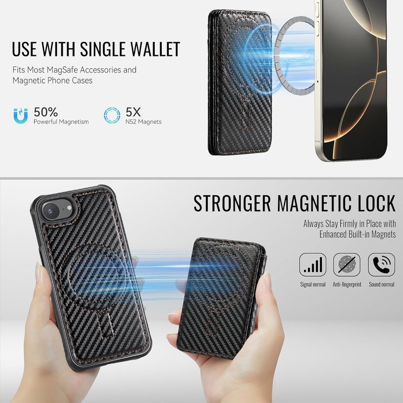 Usroom for iPhone 16e Detachable Wallet Case with Card Holder, 2 in 1 RFID Blocking Credit Slots Kickstand Shockproof Phone Wallet for iPhone 16e 6.1" Carbon Black - Image 2